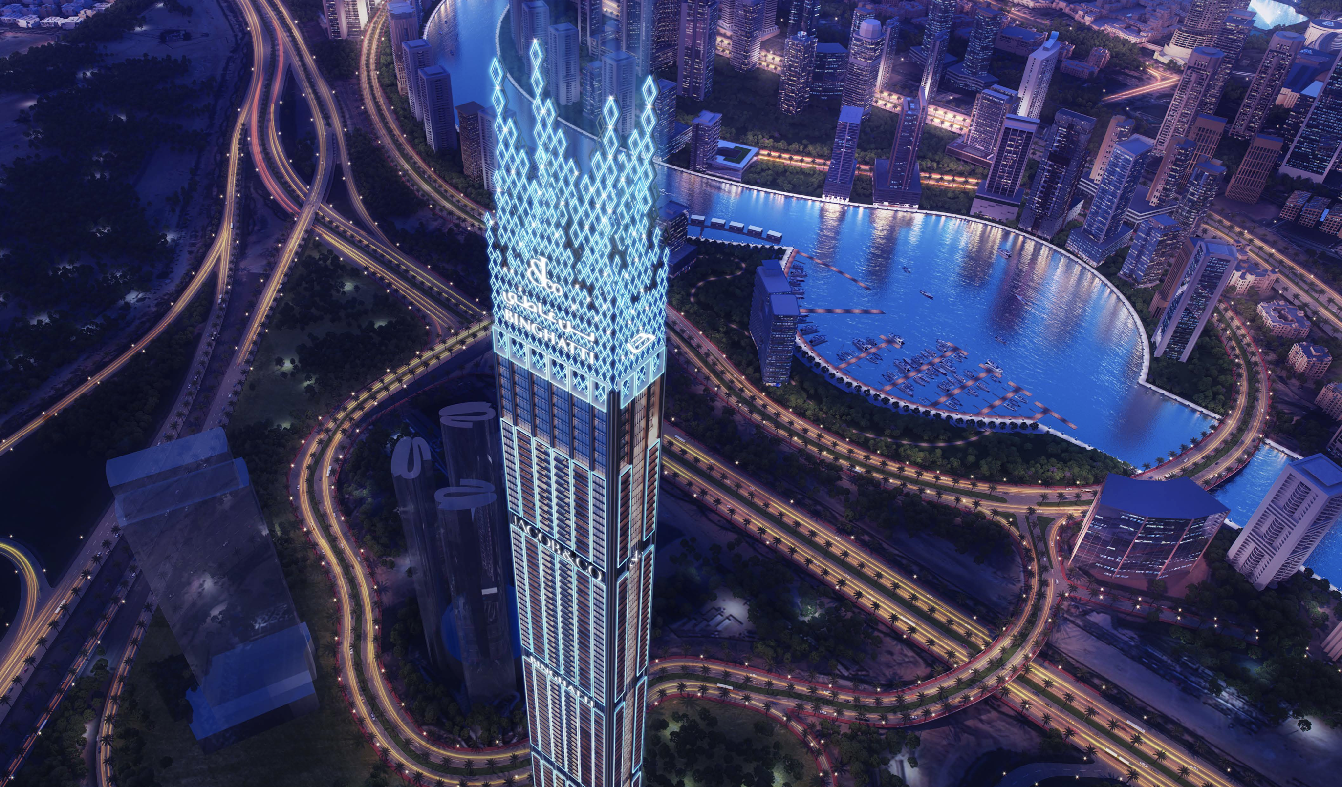 Aerial overhead view with Dubai Canal