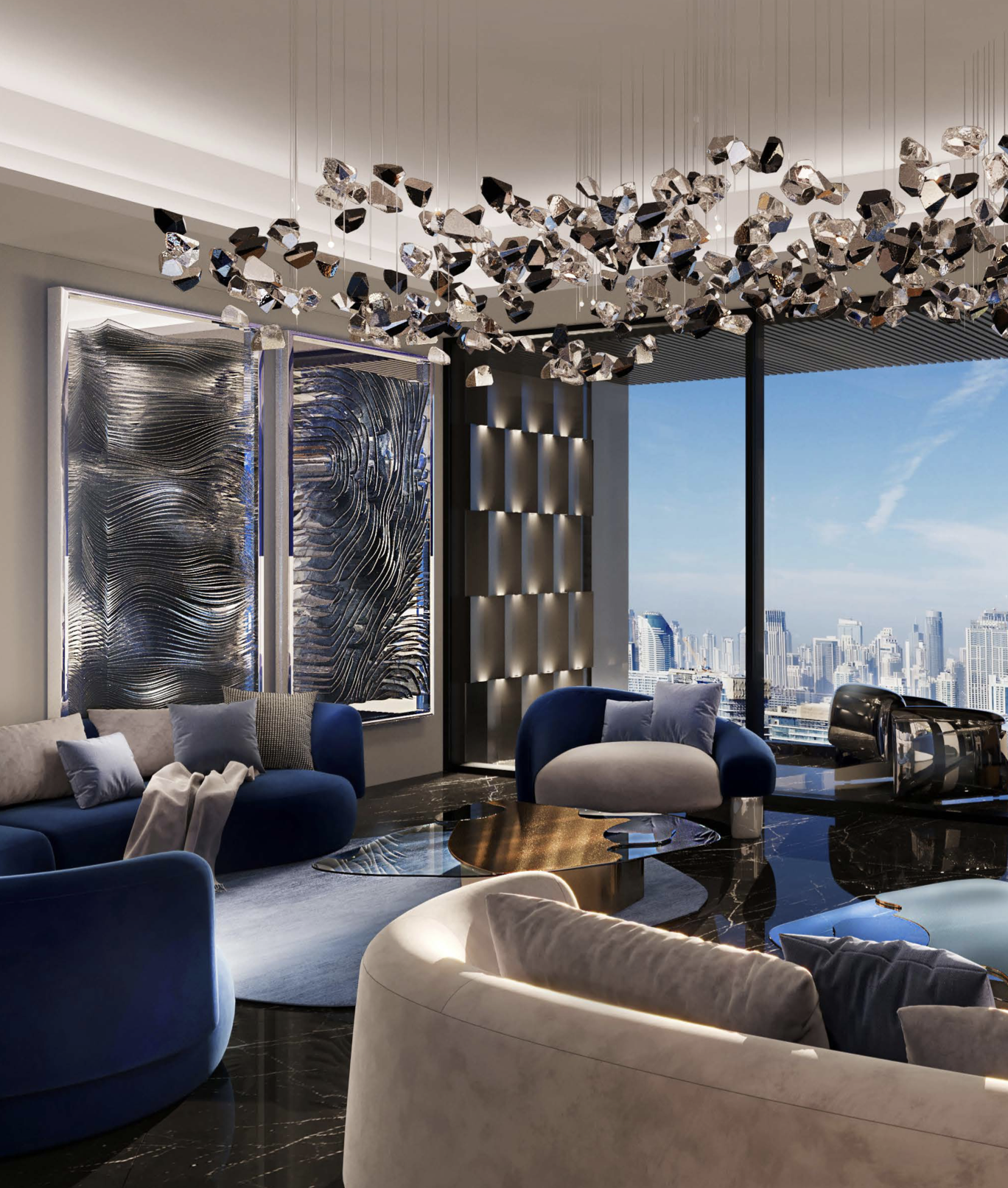 Luxury living room with crystal chandelier and city views