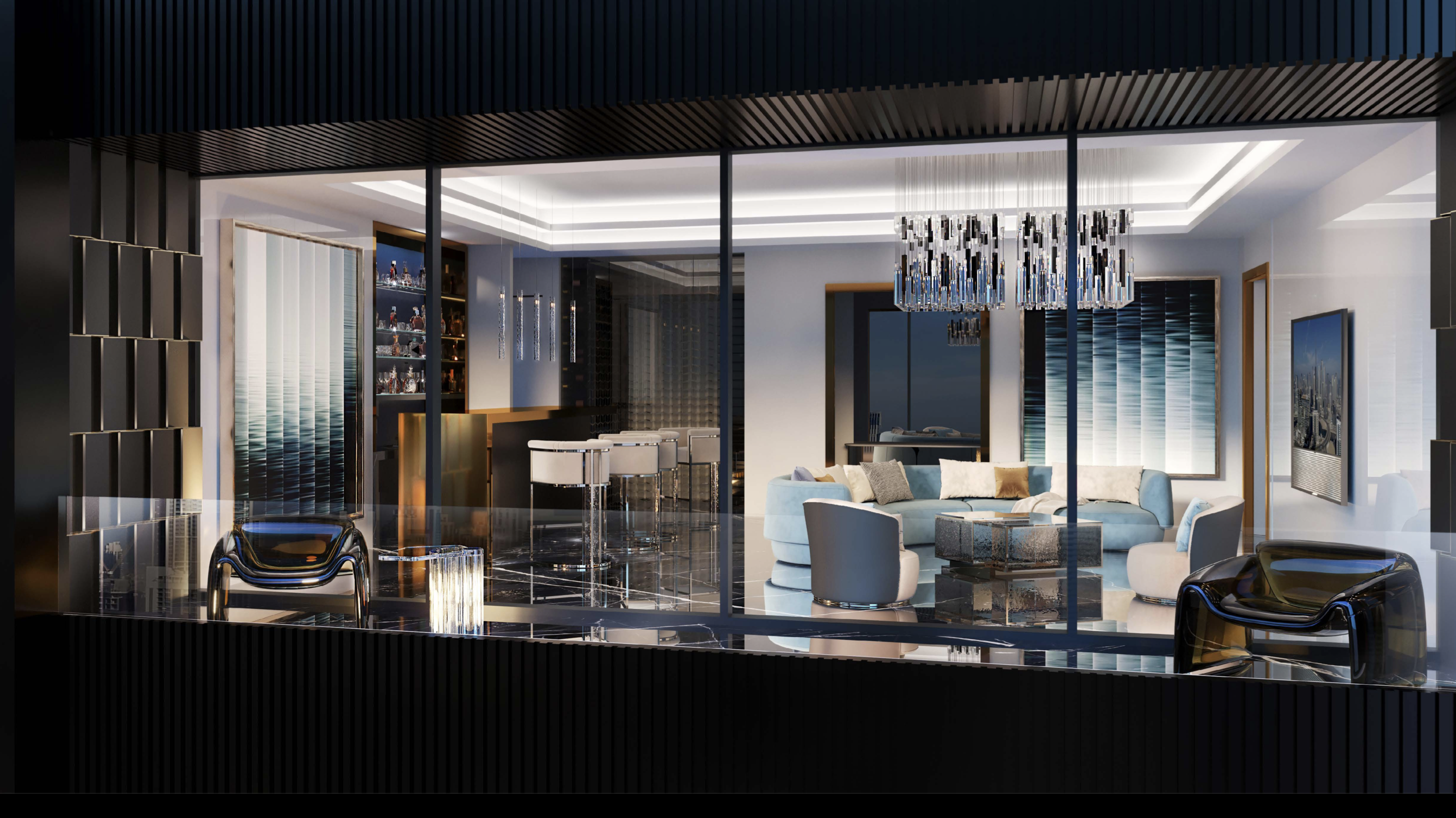 Night view into luxury lounge
