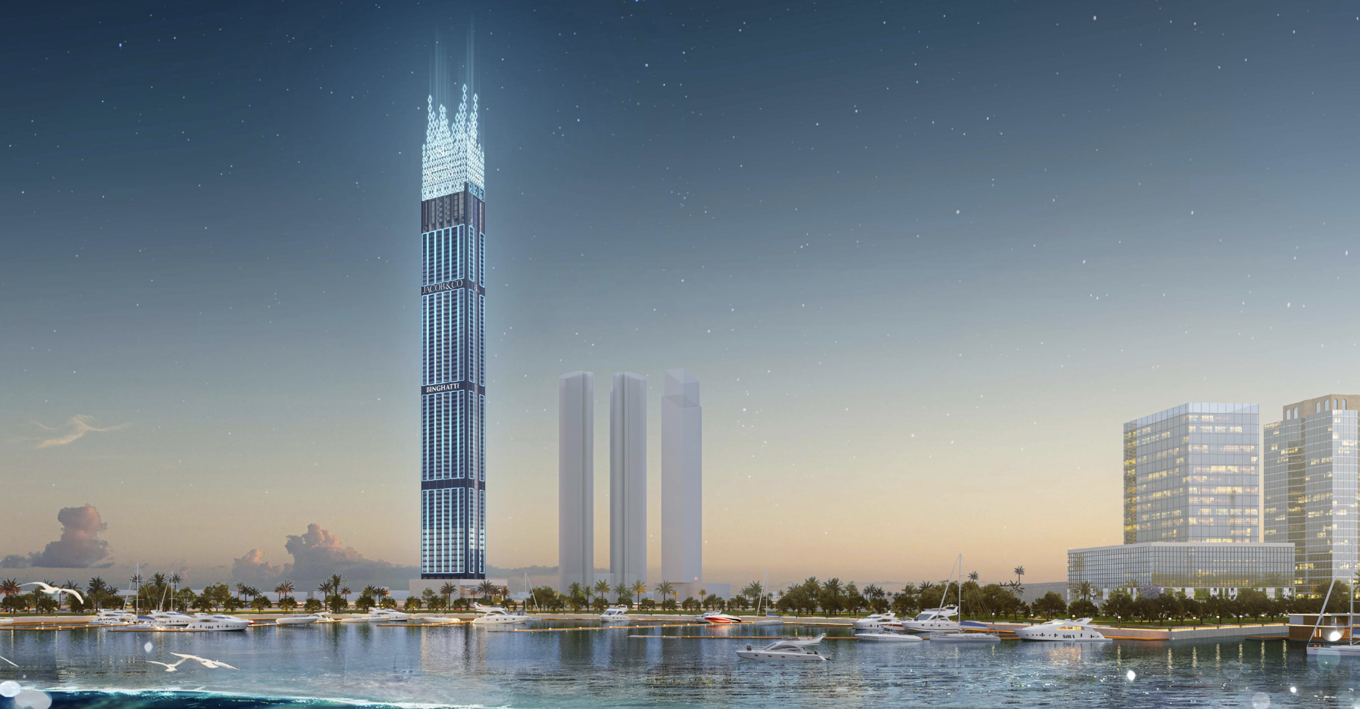Burj Binghatti full tower at twilight from waterfront