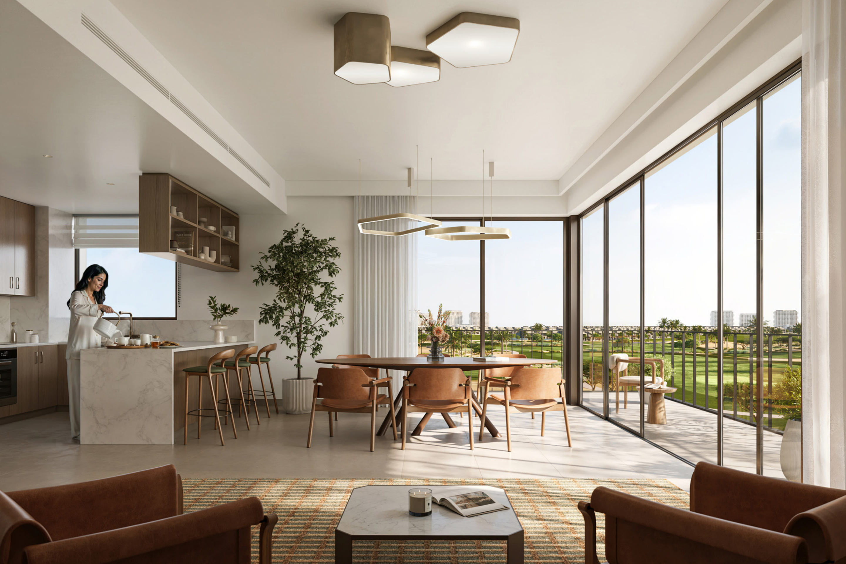 Modern dining interior with golf views