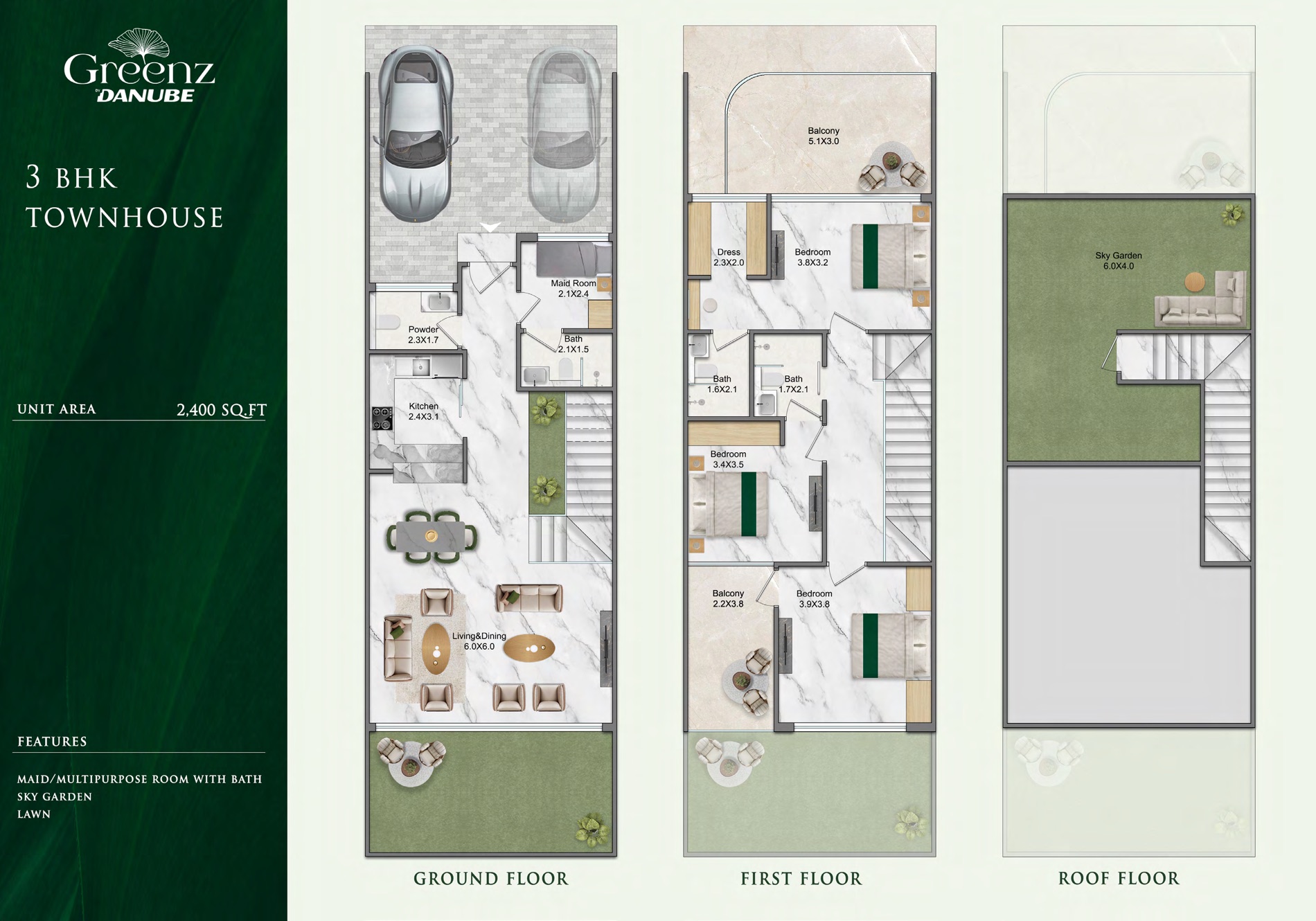 3 BHK Townhouse floor plan