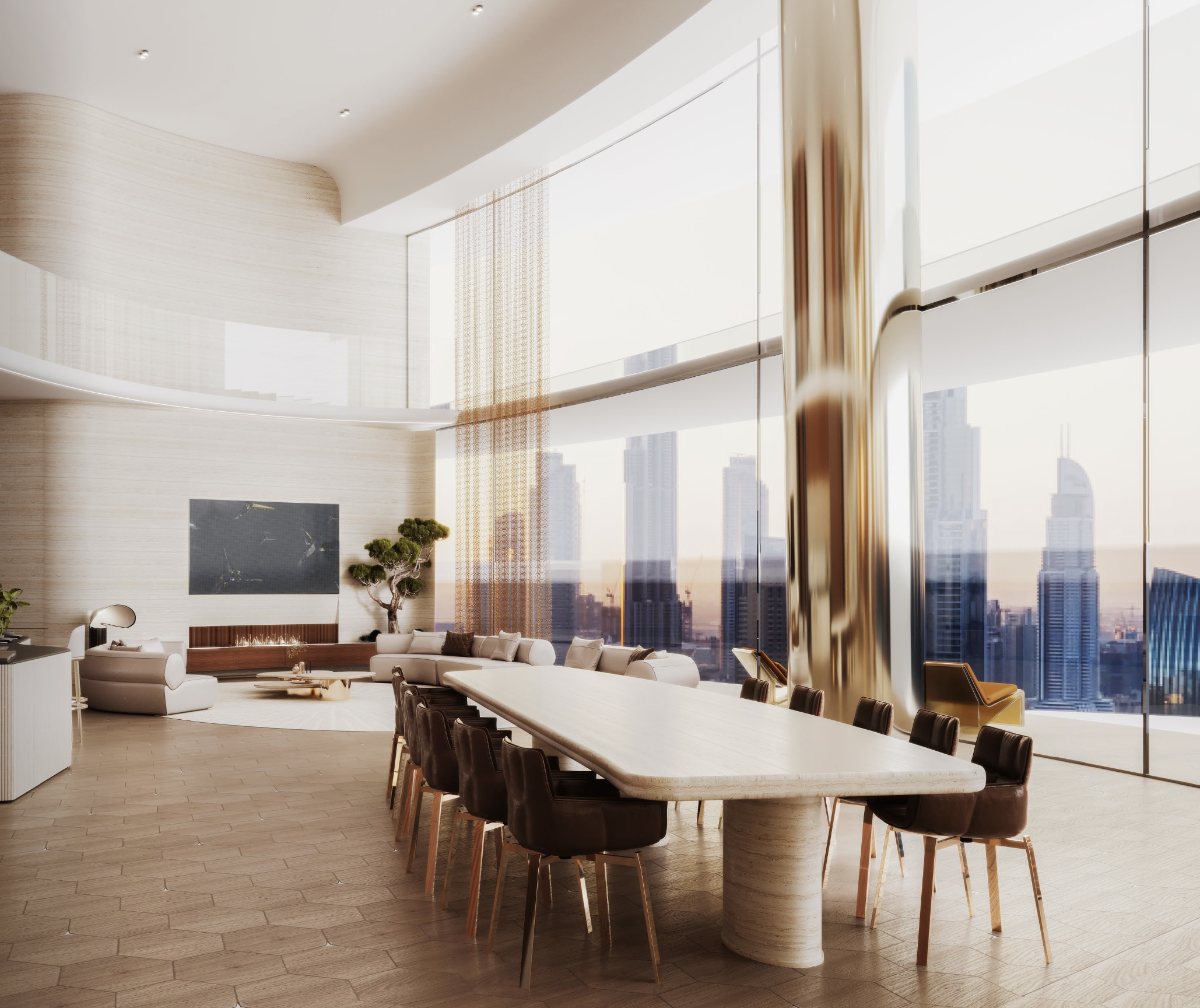 Mercedes-Benz Places — Dining room with Dubai skyline