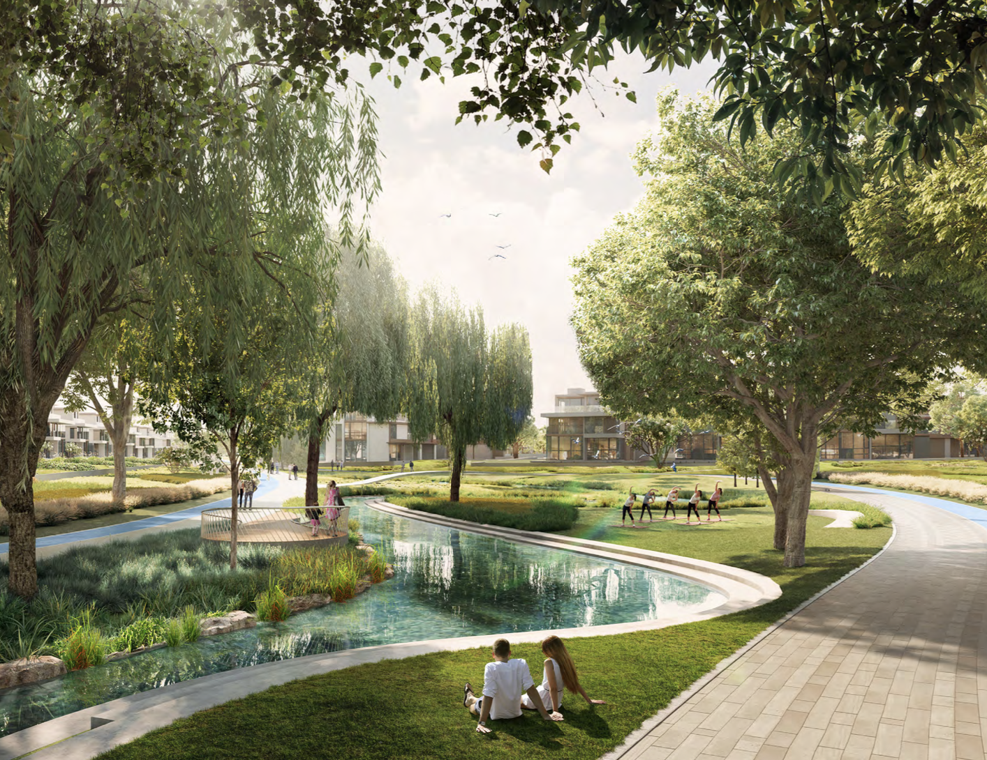 Nad Al Sheba Gardens lagoon and green walkway