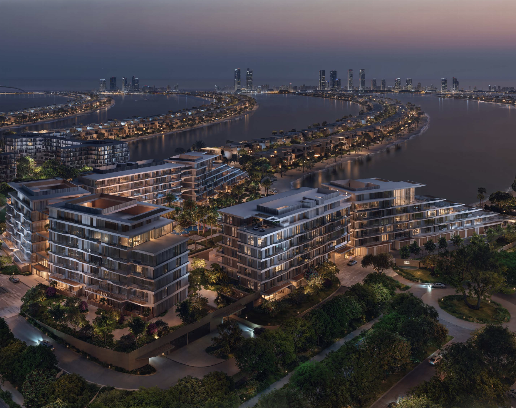 Palm Central Private Residences — Evening aerial view, Palm Jebel Ali