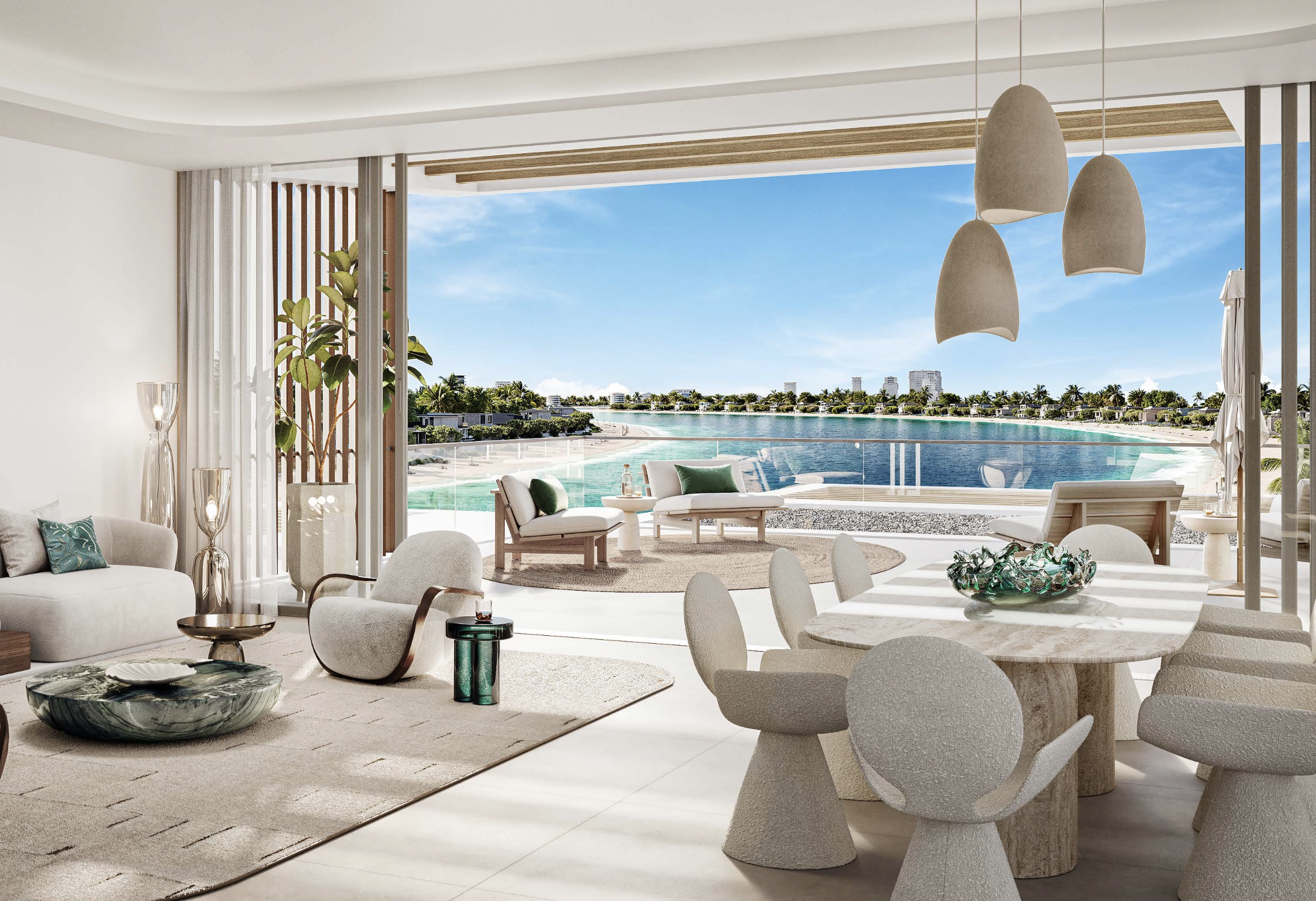 Palm Central — Living room opening to private pool